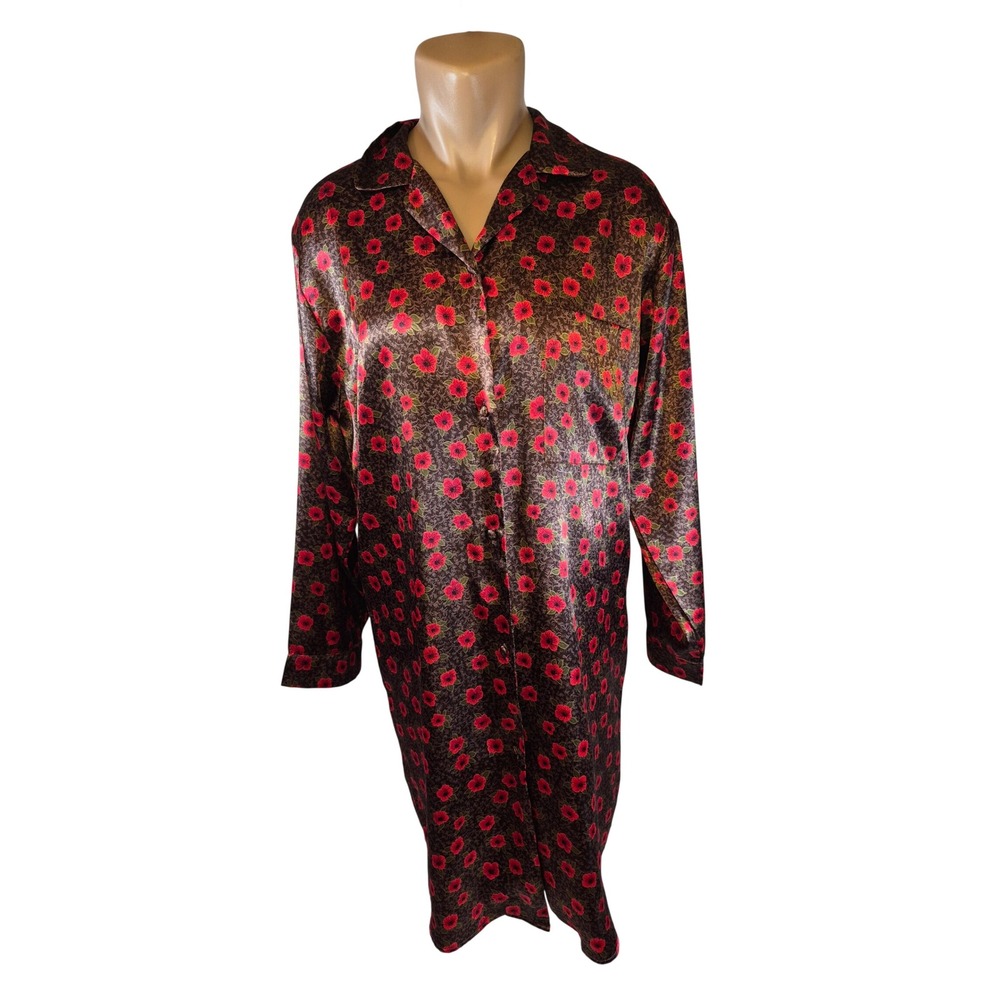 VTG 80s 90s Sarah Spencer Satin Night Gown Sleep Shirt Floral Poppy Button Up S
